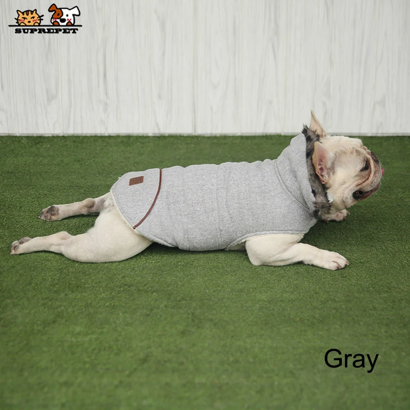 Gray SUPREPET Одежда для собак для французского бульдога зимняя теплая одежда для собак пальто для собак свитер с капюшоном флисовый комбинезон для собак ropa para perro - Цвет: Gray