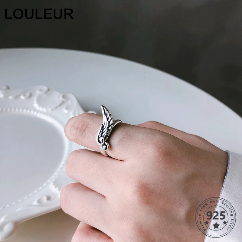 LouLeur Настоящее серебро 925 пробы кольца минималистичные оригинальные кольца крылья птицы для женщин Винтаж 925 Серебряное кольцо хорошее ювелирное изделие подарки