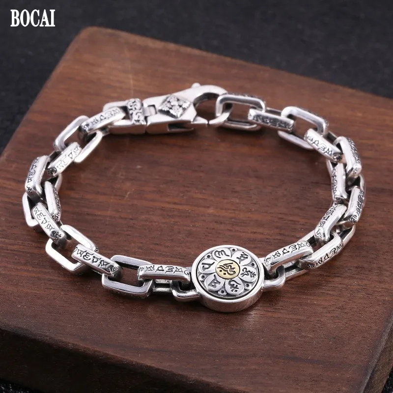 

BOCAI New 100% s925 Silver Jewelry Fashion Retro Personality Six-character Mantra Turning 2021 Trendy Man and Women's Bracelets