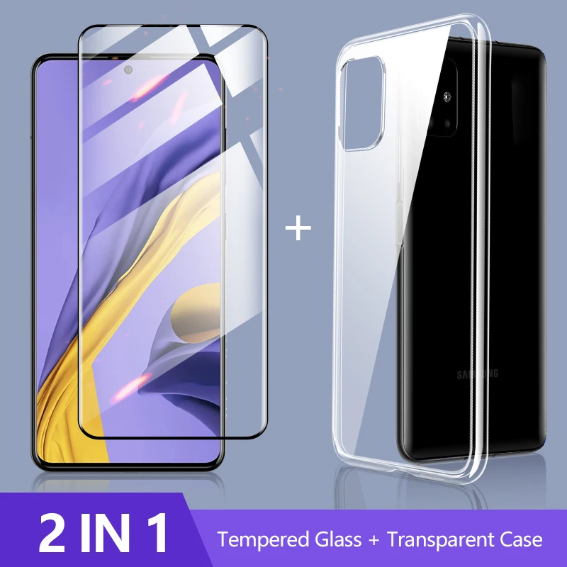 

2-in-1 Case + protective glass for samsung a51 a71 Screen Protector + soft silicone black cover for samsung s20 full cover glass