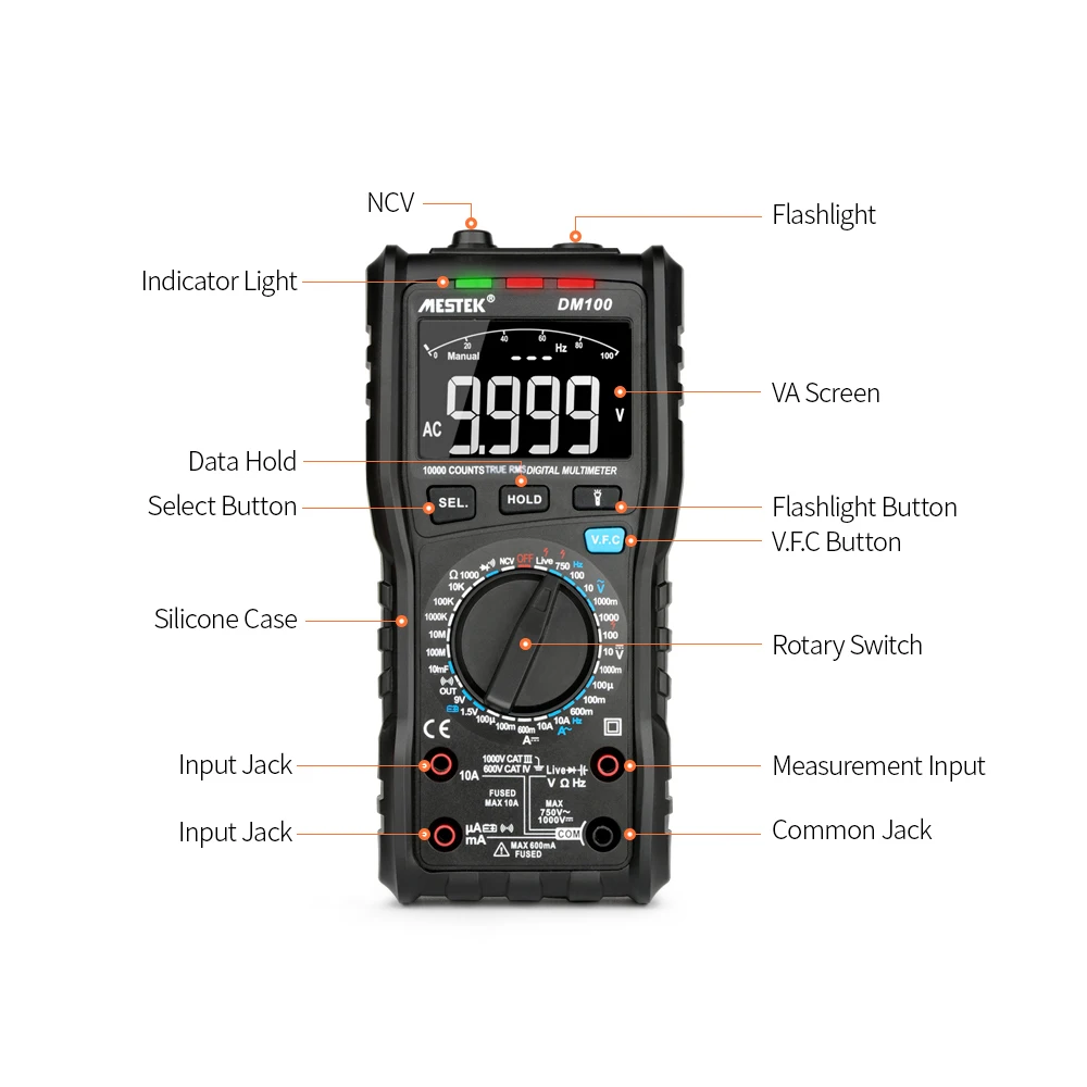 MESTEK 10000 отсчетов DM100 True-RMS цифровой мультиметр AC/DC напряжение тока Сопротивление Емкость Частота мультиметры