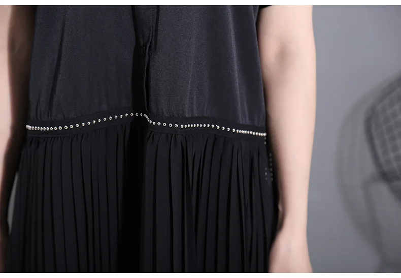 New Fashion Black Pleated Chiffon Hem Lapel Shirt Dress