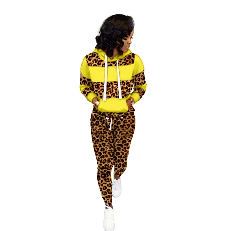 Леопардовые полосатые лоскутные женский комплект 2 шт. пальто с капюшоном и длинными рукавами обтягивающие штаны осенние спортивные костюмы