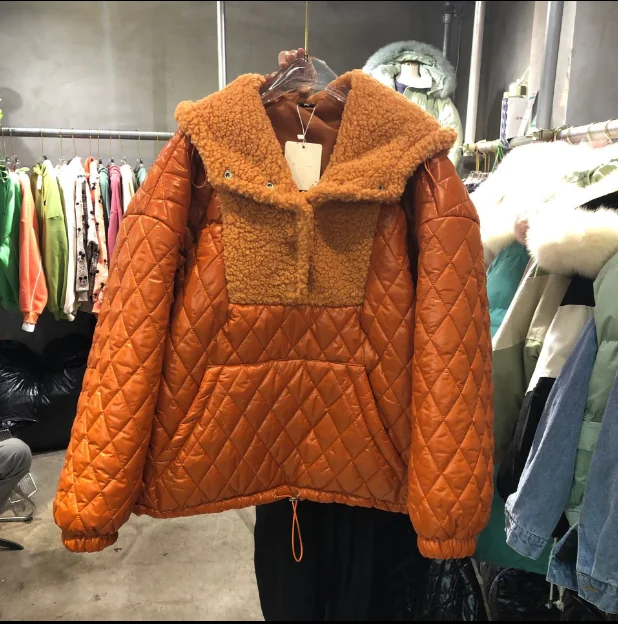 

2019 Winter Hoodies Women Female Lamb Wool Stitching Fashion Contrast Hat Cotton-padded Jacket Students Winter Hoodie Sweatshirt