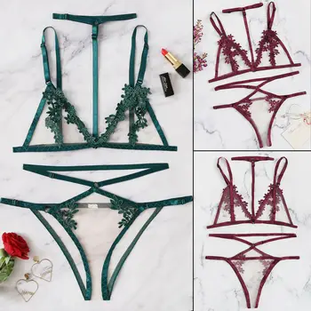 

Sexy Lingerie Lace Bra+G-string Sets Lace Mesh Patchwork Underwear Sets Women Flowers Sleeveless Halter Crop Tops Thong 2Pcs