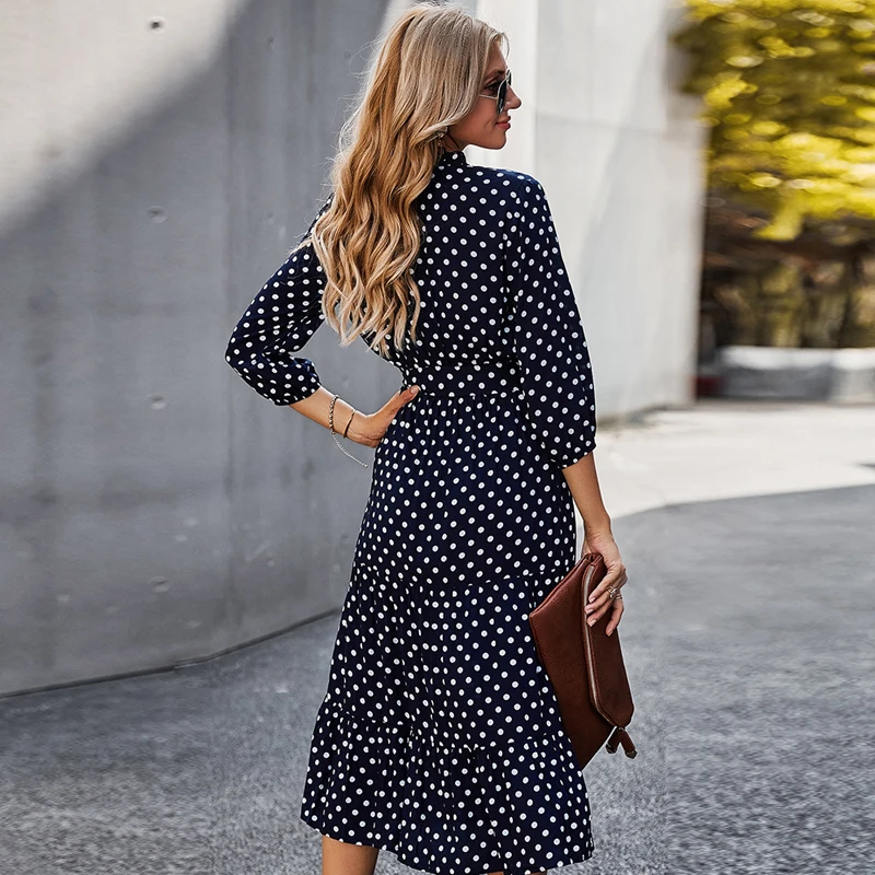 Retro V-neck Ruffle Dress, Polka Dot Print Long Sleeve Waist Loose