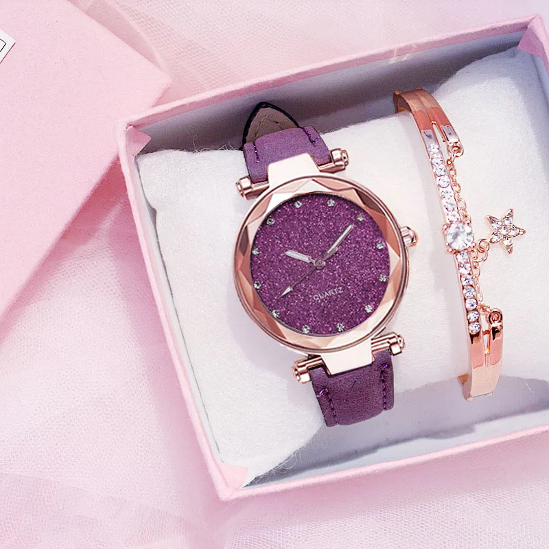 Модные Женские Романтические звездное небо наручные часы браслет кожа со стразами, дизайнерские женские часы простое платье Gfit Montre Femme - Цвет: Purple bracelet