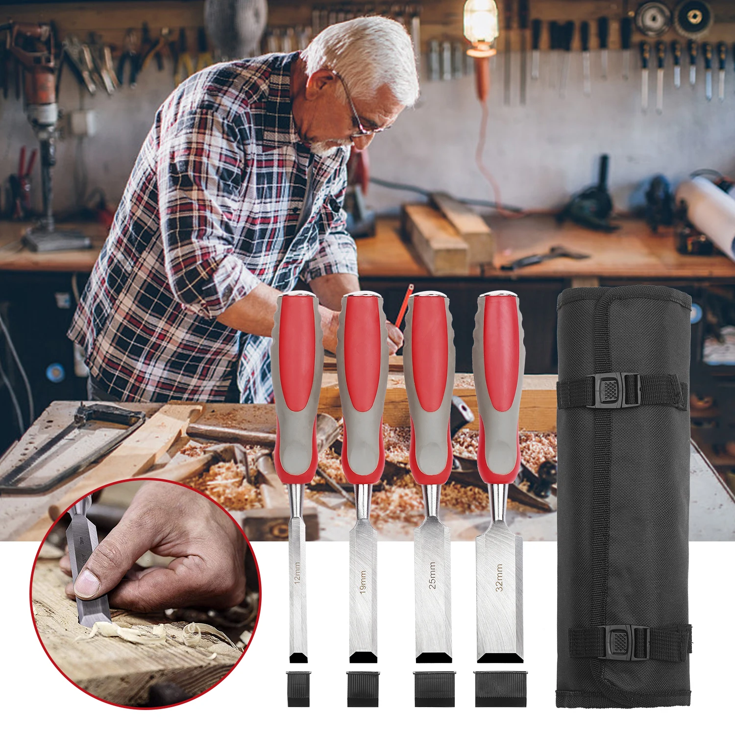 WOZOBUY Woodworking Chisel Set, 4 pcs Cr-V Wood Chisels Set, Professional  Chisels for Carpenter, Christmas Gift for Man