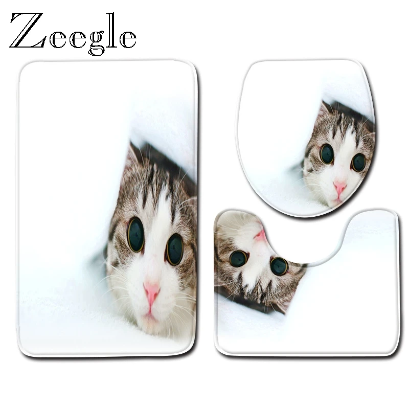 Zeegle 3d Printed Cat Bathroom Mat Set Microfiber Pedestal Rug Lid Toilet Cover Toilet Entrancr Doormat Bathroom Decoration Rug