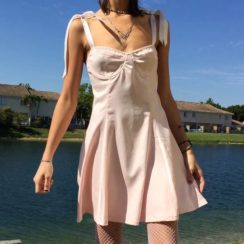 

Summer Strapless Strappy Pink Dress Women Vintage Lace A-Line Dress Sleeveless Solid Backless Dress