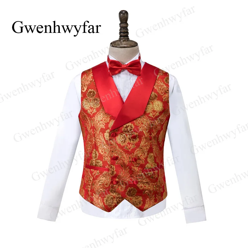 Gwenhwyfar Luxury Gold Embroidery Red Costume Homme Asian Topic Wedding Men Suit Blazer Waistcoat Pants Bowtie