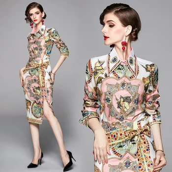

Autumn Fashion Vintage Twinest Suits Women's Elegant Printed Long Sleeve Blouse Shirt + Sashes Split Midi Skirt Two Pieces Set