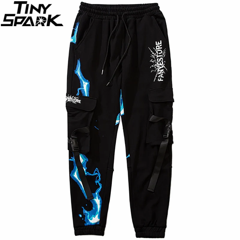 Cargo-Pants Sweat-Trousers Lightning-Print Baggy Streetwear Black Mens Cotton Hip-Hop