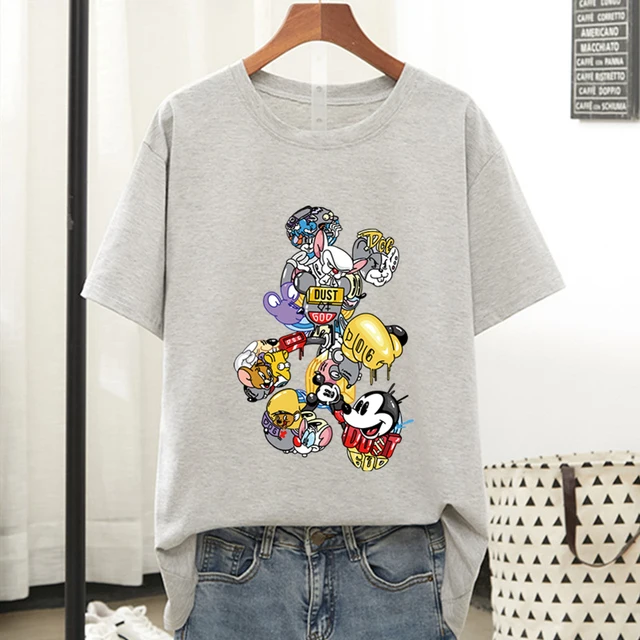 Disney Colorful Mickey Mouse T Shirt Women 2021 Summer Tshirt Graphic Tee Cool Women T-shirt Female Tee Shirt 90s Aesthetic Tops Gray