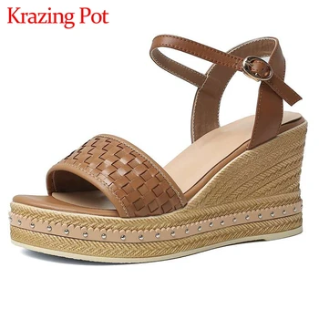 

Krazing pot genuine leather peep toe high heels straw wedges vintage young lady streetwear fashion summer new sandals women L8f1