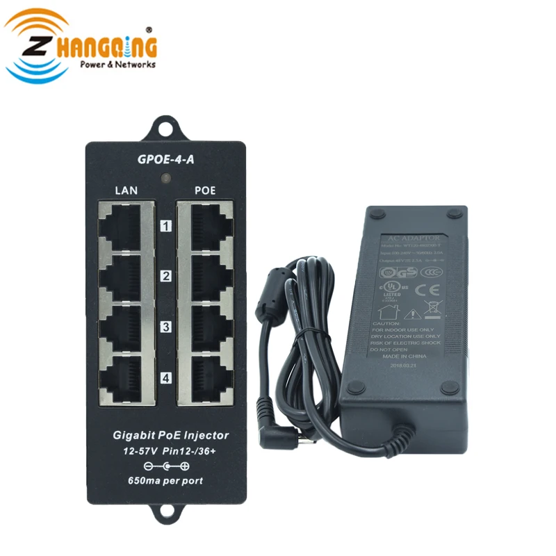 Gigabit 4port PoE Injector 802.3af with 48V 60W Power Supply for CCTV/PoE Camera Devices (Mode A) Operation | Безопасность и