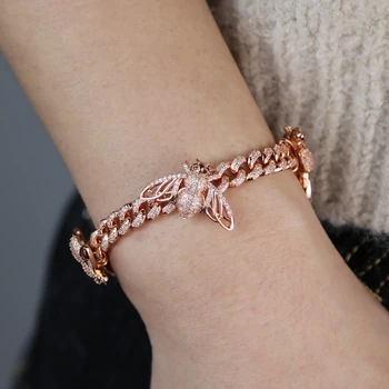 

New Fashion Bee Insect Rose Gold Miami Chain CZ Bracelets For Women Punk Style Gothic Boho Bracelet Jewelry Black Eyes Bee Link