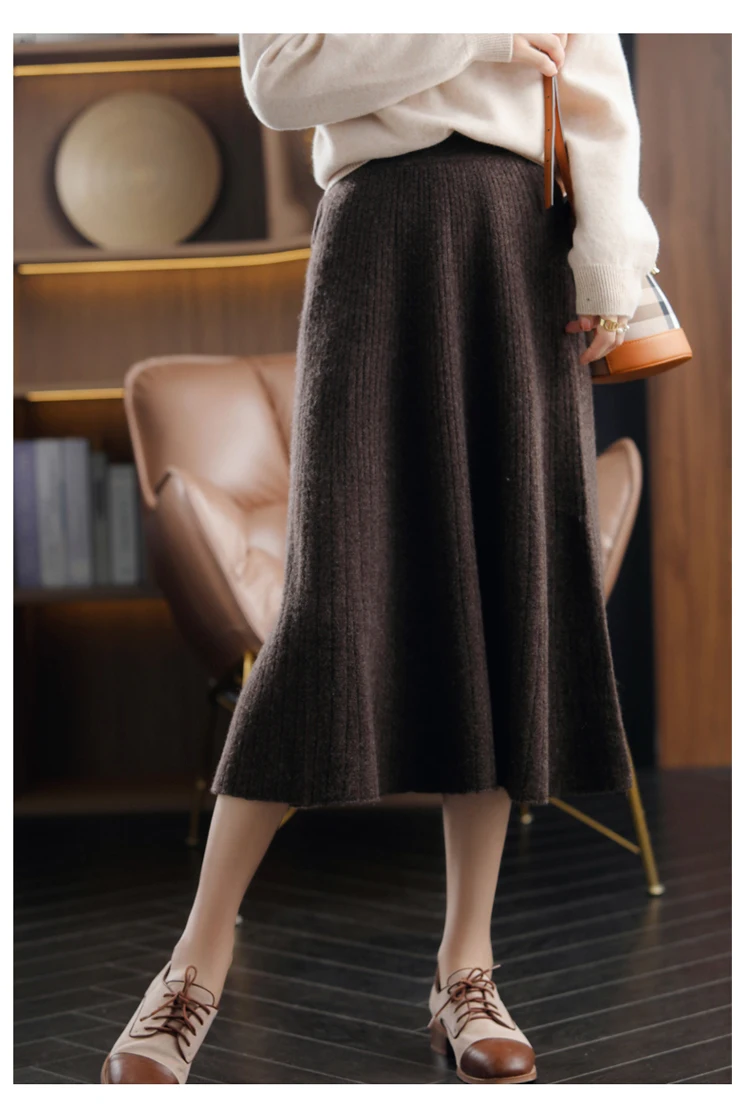 2021 Autumn New High-Waist 100%Pure Wool Pleated Long Skirt Women's Knit Base Skirt Fashion Pack Hip A-Line Cashmere Large Skirt purple skirt