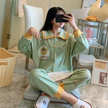 

Autumn Long Sleeve Nightwear Cotton Women 2PCS Sleepwear Lapel Pajamas Set Nightgown Home Clothes Casual Loose Sleep Suits