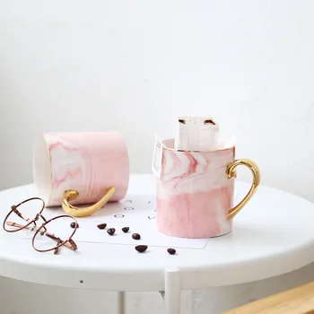 

Golden Handle Ceramic Cup Porcelain Bone Cup Gray Pink Travel Coffee Cup Marble Pattern Phnom Penh Milk Tea Cup Gift Wholesale