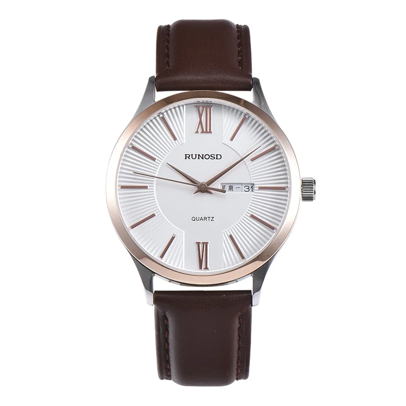 RUNOSD Men's Watch Luxury Rose Gold Week Calendar miyota Quartz Sapphire Crystal Leather Strap 5215G | Наручные часы