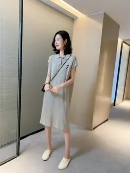 

T-shirt Women's Summer Europe Station 2020 New Loose Mid Length Over Knee Polo Collar Knitted Ice Silk Dress Trend