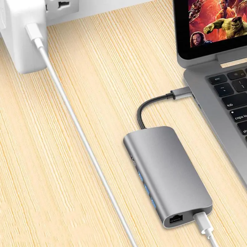 Горячая 8 в 1 type-C адаптер нежной текстуры тип-c к HDMI+ PD+ 3 USB 3,0+ RJ45+ TF+ карта памяти док-станция адаптер