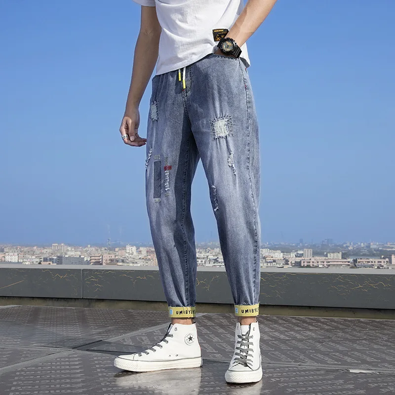 Мужские рваные джинсы повседневные зауженные в стиле хип хоп потертые новинка
