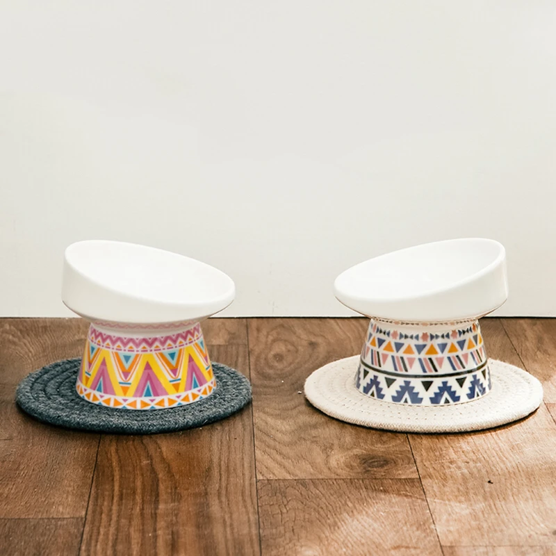 Ceny Antypoślizgowe karmnik dla kota ceramiczne miska dla kotów z podniesiony stojak porcelany kostnej szyjki macicy chroni żywność, miski na wodę dla małych psów dla zwierząt domowych