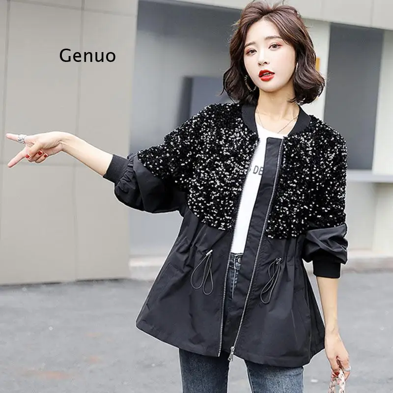 

Spring 2021 Women Jacket Oversize Fashion Casual Clothes Female Coats Sequined Splice Drawstring Waist