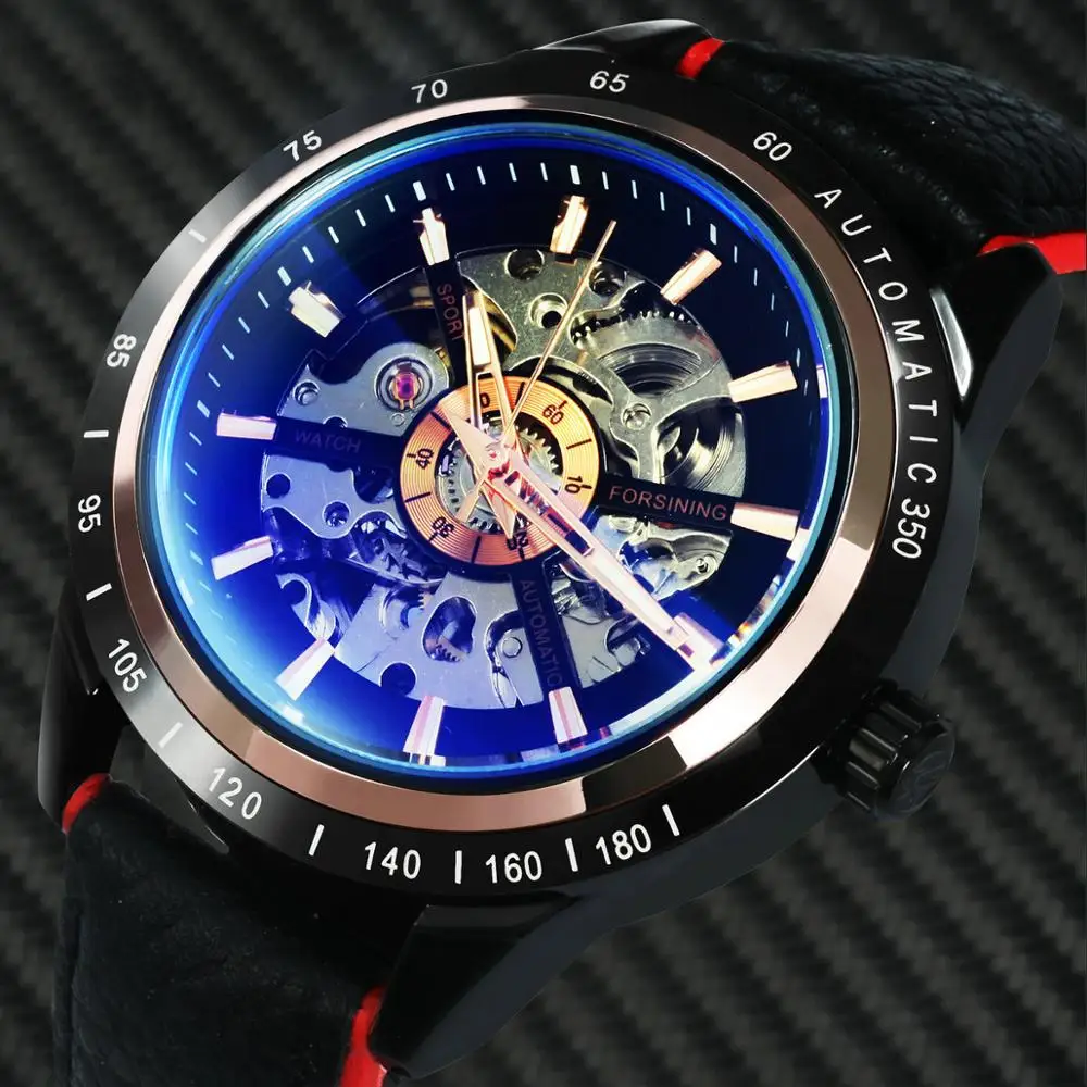 

FORSINING Automatic Mens Watches Top Brand luxury Skeleton Mechanical Watch Men Red Black Leather Strap Contrast Color Design