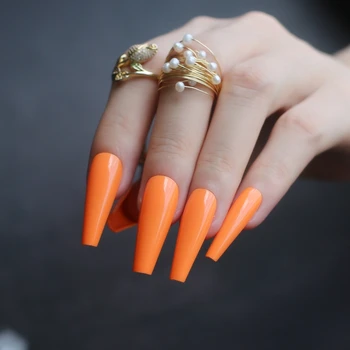 

Orange Summer Long Luxury Coffin Neon red UV Acrylic nails white salon Extra gel fasle nails black