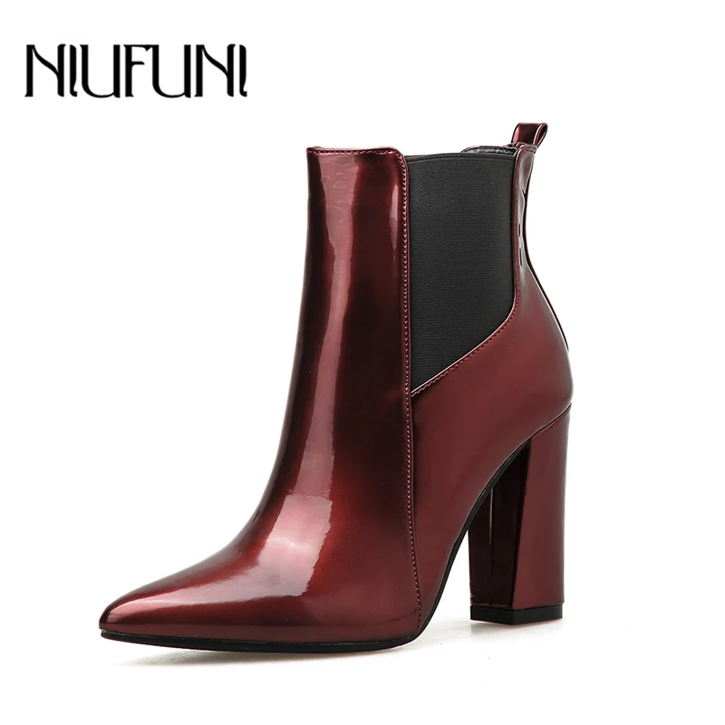 

NIUFUNI Pointed Toe Women's Ankle Boots Shallow High Heels Wine Red 2019 Fashion Sleeve Women's Shoes Botas Mujer Size 35-40