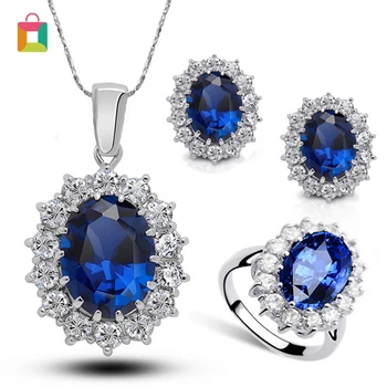 

Fashion Blue Crystal Stone Wedding Jewelry Sets For Brides Silver Color Necklace Set For Women Jewelry Sets Glittery