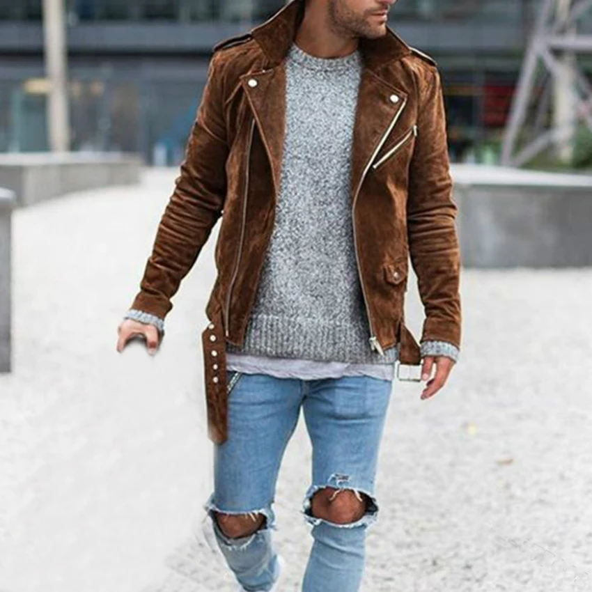 Осенняя приталенная однотонная куртка в стиле хип-хоп, уличная мужская повседневная замшевая куртка с длинными рукавами и поясом, верхняя одежда, пальто, одежда