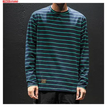 

Dropshipping Men Japanese Streetwear Causal Tops 2020 Autumn Striped Tshirt Solid Slim Fit Long Sleeve Tshirts Plus Size