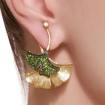 

2019 Boho Gold Color Earrings Green Crystal Ginkgo Biloba Double Leaves Drop Earrings for Women Fashion Fine Jewelry