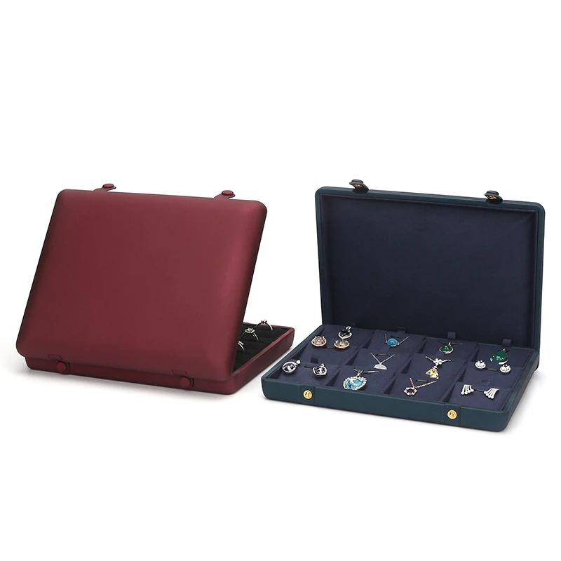 New Listing 12 Cells Retro Red Concealed Button PU Leather Jewelry Ring Pendant Display Tray For Organizer Holder Rack Stand