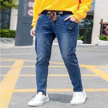 Большие размеры Для женщин джинсы осень-зима с эластичной резинкой на талии, джинсовые брюки, большой размер Свободная блуза рубашки для мальчиков женский штаны-шаровары