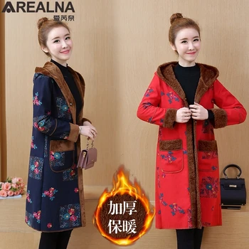 

winter plus velvet warm vintage floral coats and jackets women plus size Thicken fleece long hooded trench coat woman clothes
