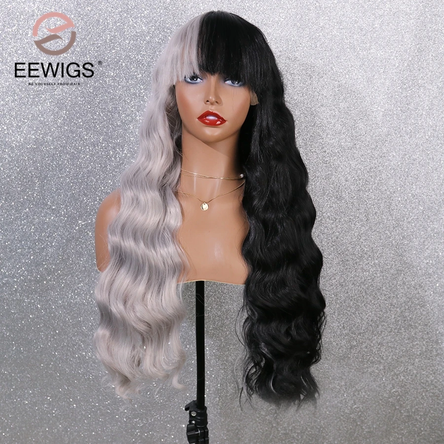 Eewig Cosplay Wig Glueless Half Black Half White Red Lace Front
