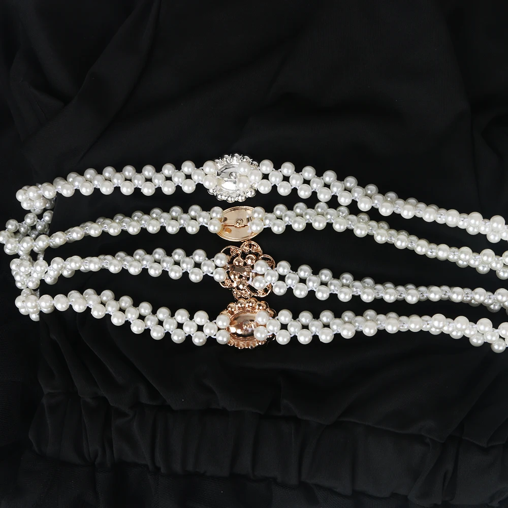 Rhinestone Buckle Weave White Pearl Belt Crytle For ladies girl Elasticity Waist Fit for Waist circumference less than 80cm