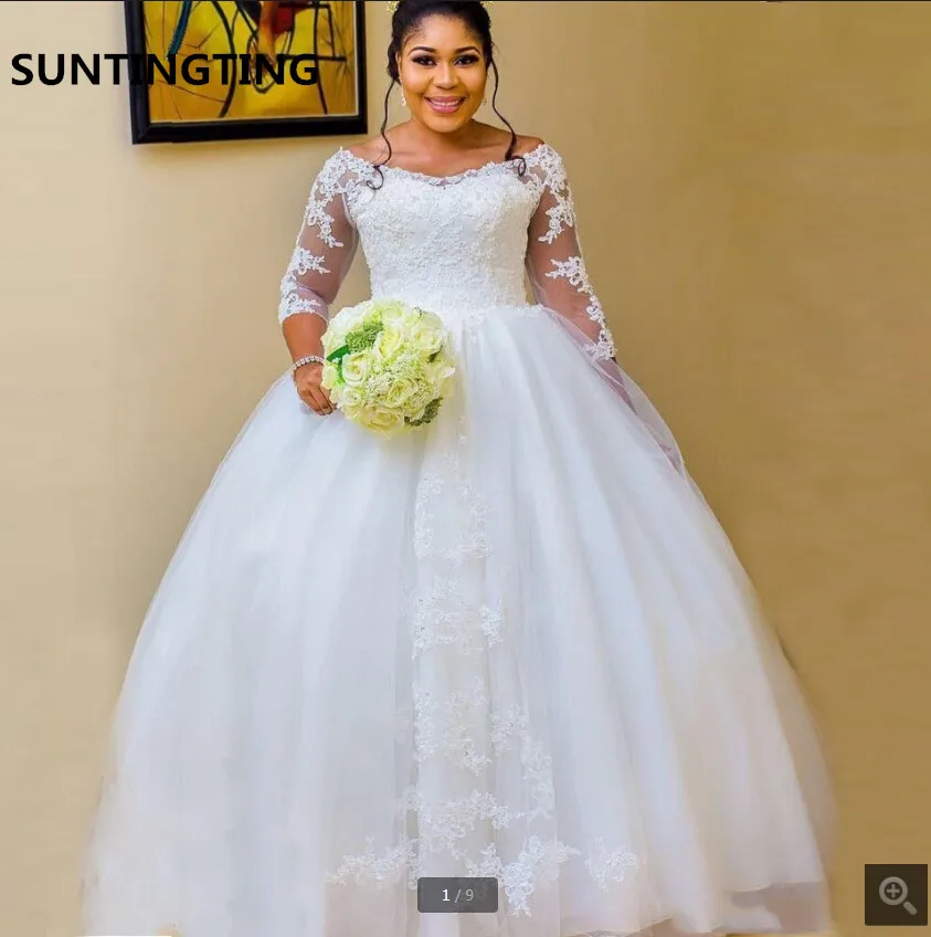 

Vintage white lace appliques black girl's south african wedding dress ball gown 3/4 sleeve modest button muslim bridal gowns