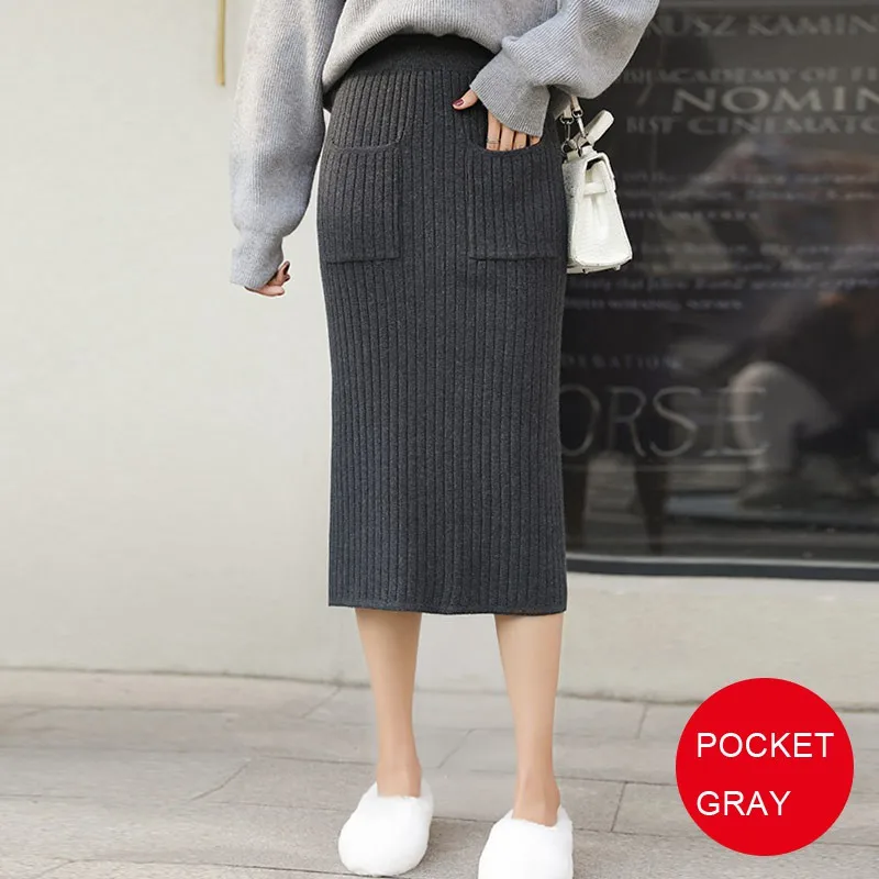 Женская однотонная трикотажная женская Юбка-миди в Корейском стиле на каждый день с высокой талией с карманами плиссированные черные юбки-карандаш Saias Faldas SK421 - Цвет: Pocket gray