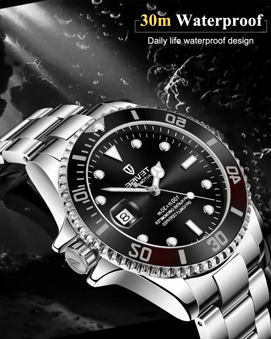 Модный бренд TEVISE для мужчин Stailness стальной ремешок автоматические механические часы модные для Мужчин Светящиеся Дата Бизнес наручные часы