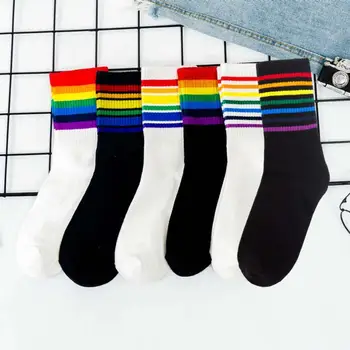 

Rainbow stripe socks cotton fashion European and American street hip hop college Style Men's and women's medium tube socks