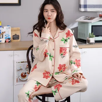 

Spring and Summer Combing Pure Cotton Fold-down Collar Pajamas Women's Middle-aged Long-sleeved Cardigan Korean-style Casual Hom