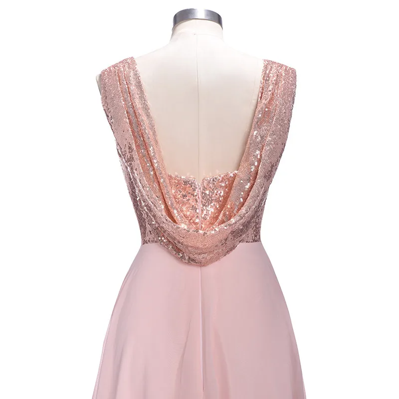 Pink A Line Spaghetti Straps Backless Sequins Chiffon Maid Of Honor Bridesmaid Dress