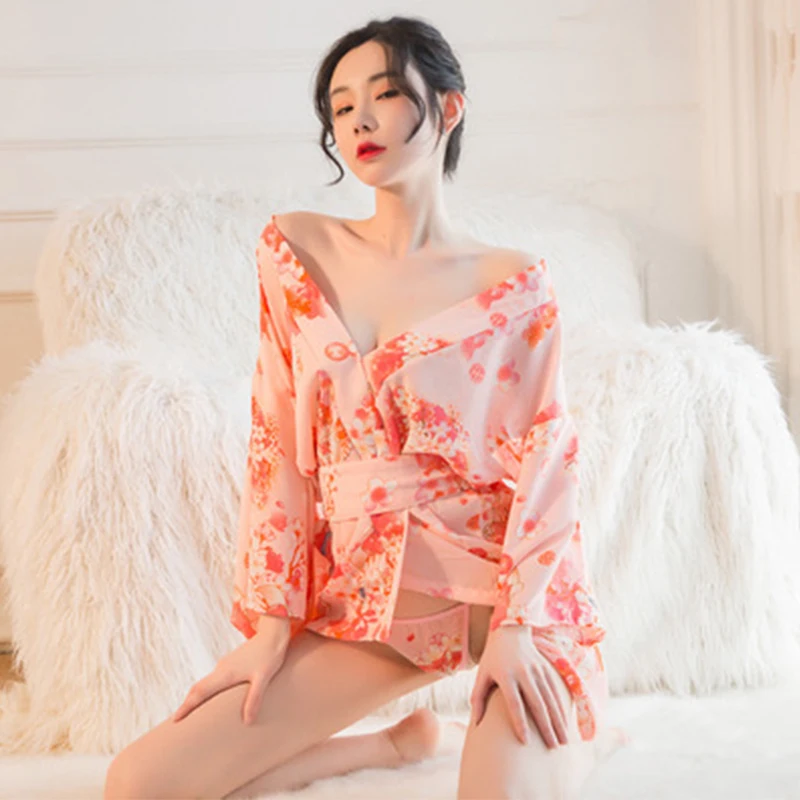 

Japanese Kimono Cardigan Women Pajamas Sexy Lingerie Cat Print with Obi Chiffon Comfy Yukata Cosplay Role Play Night Costumes