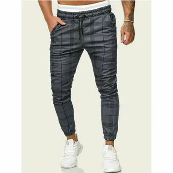 

Mens Slim Fit Skinny Pencil Pants Plaid Sports Casual Trousers Outwear Running